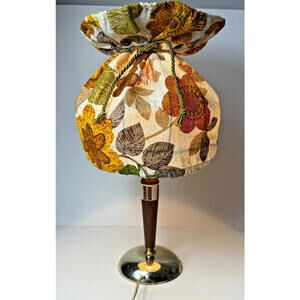 Vintage 60s 70s Small Accent Table Lamp Brass Wood Tile Floral Fabric Shade MCM